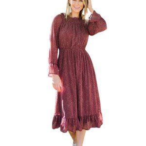 Citrus & Lemon Womens Chrissy Prairie Midi Dress Burgundy Smocked Cottagecore L